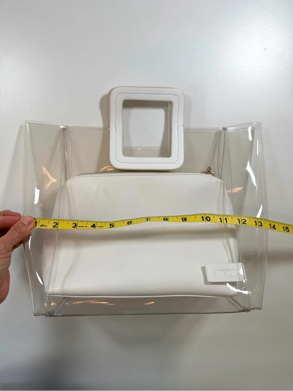 STAUD Shirley Clear PVC Tote White Leather Pouch Transparent Designer Bag